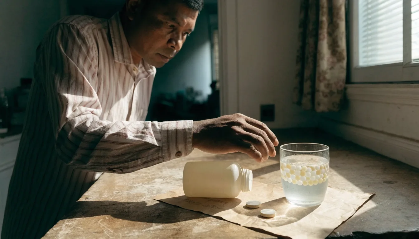 A morning kitchen counter in Bandung with an unlabelled dosing bottle, a glass of water and two tablets on a handmade paper sheet in warm side-light