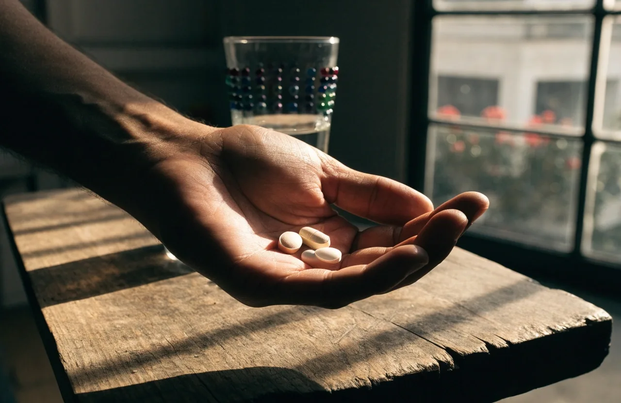 Two unlabelled tablets and one capsule arranged in a row on a warm stone surface lit by a diagonal morning sun stripe