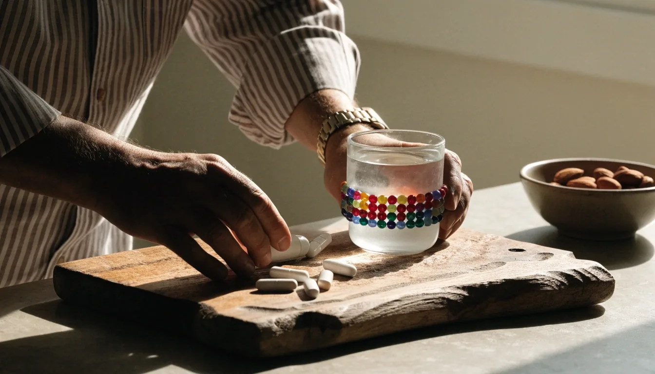 A man's hands arranging unbranded tablets, water, and nuts on a stone countertop in morning light